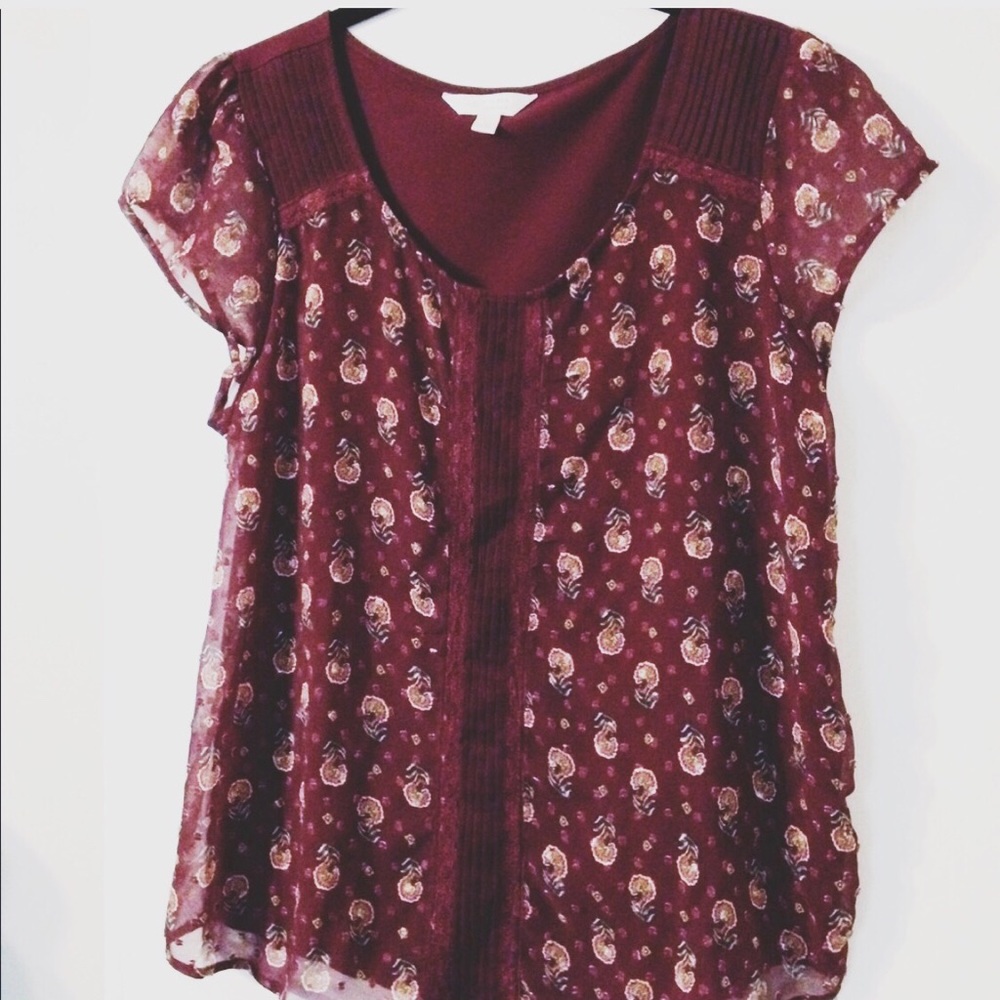 LC Lauren Conrad Red Floral Textured Dot Top